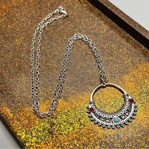 Elegant Silver Tone Necklace with Red and Turquoise Stone Accents